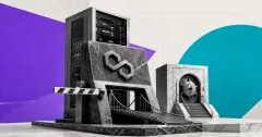 Greyscale Polygon zkEVM bridge terminal and server rack beside an Ethereum vault on purple, teal and off-white editorial panels.