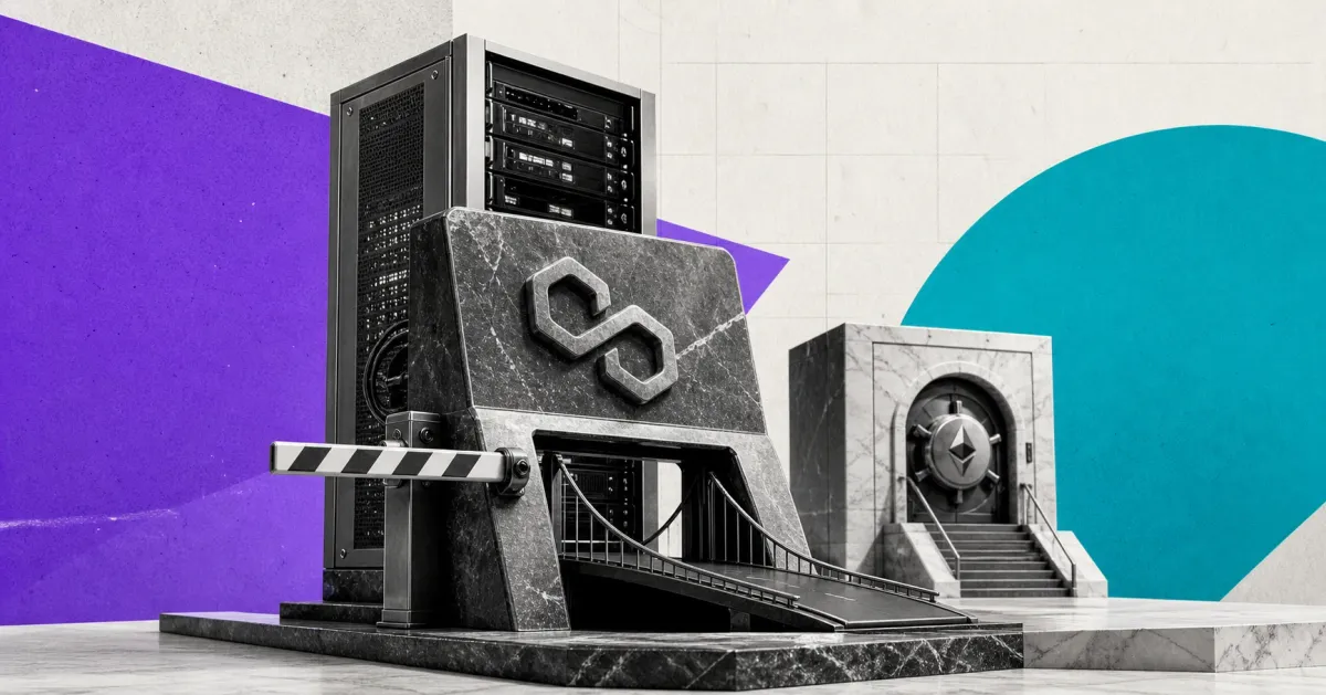 Greyscale Polygon zkEVM bridge terminal and server rack beside an Ethereum vault on purple, teal and off-white editorial panels.
