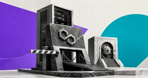 Greyscale Polygon zkEVM bridge terminal and server rack beside an Ethereum vault on purple, teal and off-white editorial panels.