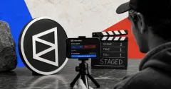 Greyscale creator filming a staged Polymarket bet beside the Polymarket logo and a clapperboard on cobalt, red and stone editorial panels.