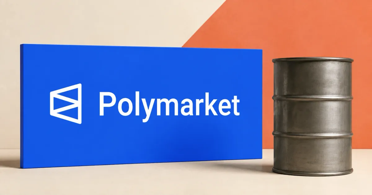 Large official white Polymarket symbol and wordmark on a blue sign beside an unbranded greyscale steel oil barrel, against an off-white and coral editorial background.