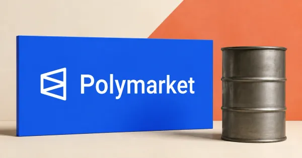 Large official white Polymarket symbol and wordmark on a blue sign beside an unbranded greyscale steel oil barrel, against an off-white and coral editorial background.