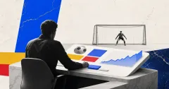 Greyscale prediction-market trader at a desk with a soccer goal behind them on blue, yellow and red editorial panels representing a Polymarket World Cup whale trade.