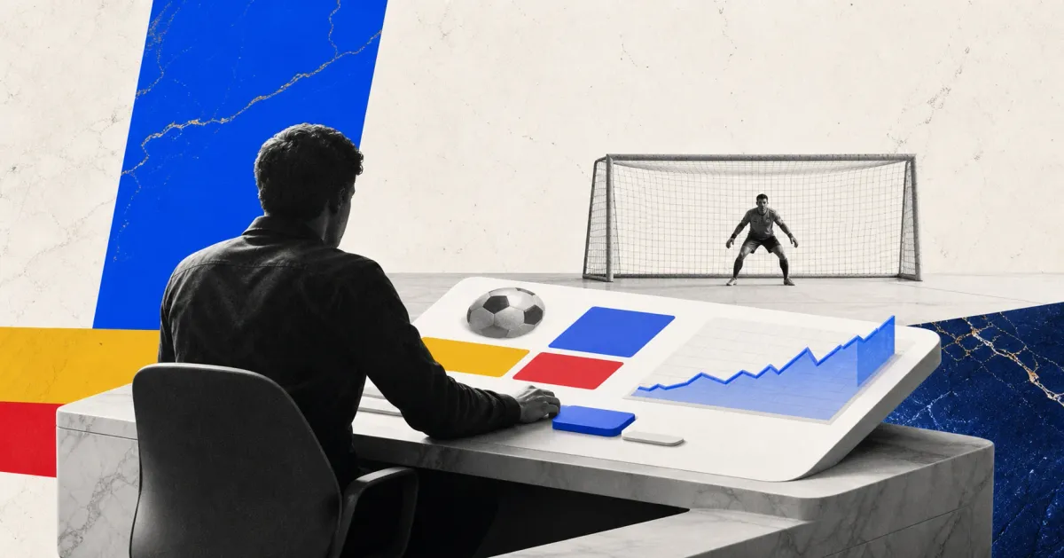 Greyscale prediction-market trader at a desk with a soccer goal behind them on blue, yellow and red editorial panels representing a Polymarket World Cup whale trade.