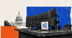 Greyscale U.S. Capitol and Polymarket-style geometric mark at a marble trading desk against blue and orange editorial panels, illustrating the platform's U.S. margin-trading filing