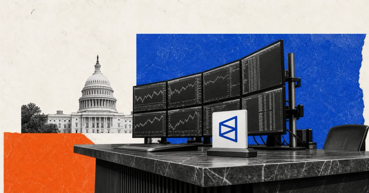 Greyscale U.S. Capitol and Polymarket-style geometric mark at a marble trading desk against blue and orange editorial panels, illustrating the platform's U.S. margin-trading filing
