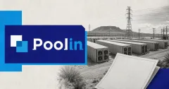 Official Poolin wordmark on a navy panel beside greyscale West Texas Bitcoin mining containers, power lines and a blank sale document.