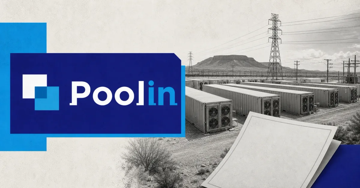 Official Poolin wordmark on a navy panel beside greyscale West Texas Bitcoin mining containers, power lines and a blank sale document.