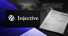 Large official white Injective logo on a black card beside a greyscale unbranded trade receivable document and world trade-route map on purple and charcoal editorial panels.