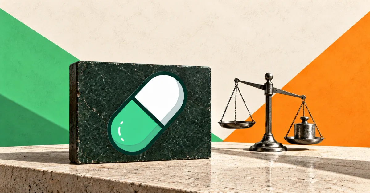 Large official green-and-white Pump.fun capsule logo on a dark-green marble sign beside a smaller unbranded greyscale balance scale and steel weight, against off-white, green and orange panels.