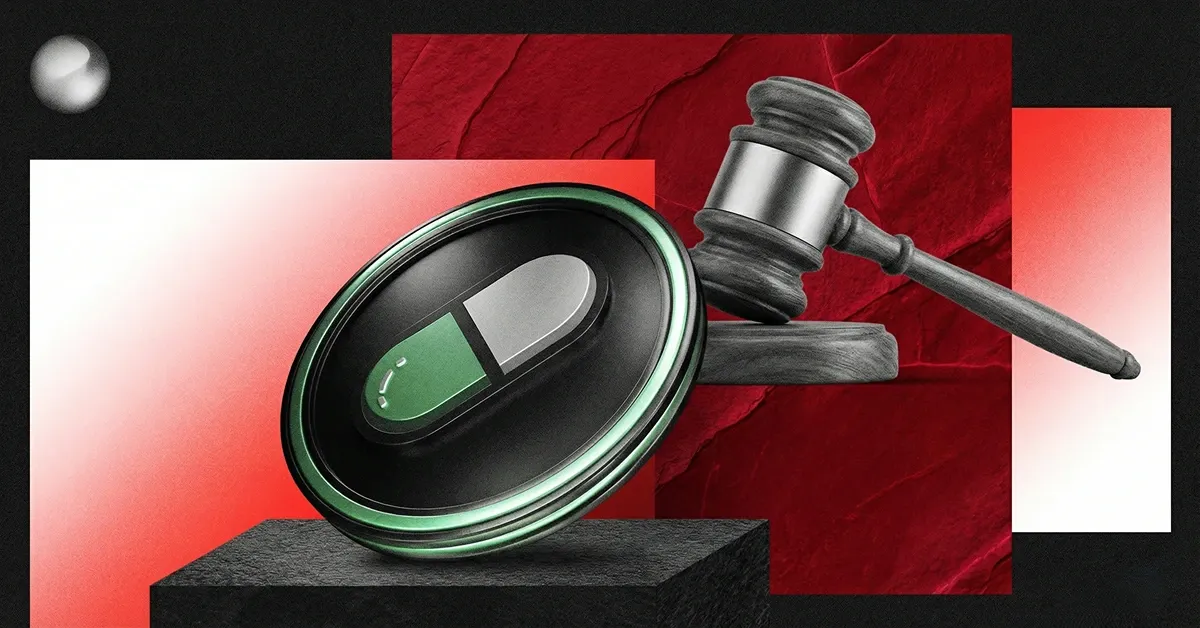 Pump.fun token coin beside a judge’s gavel on a red and black backdrop, illustrating lawsuit and court action rumors around the platform