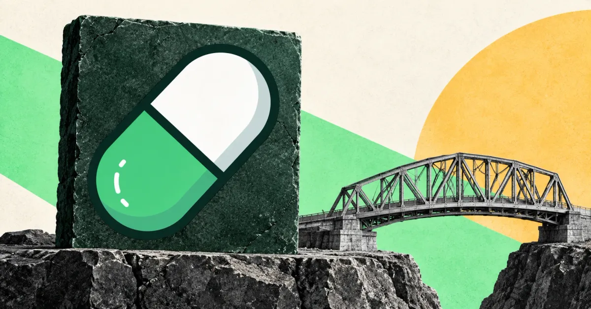 One large official green-and-white Pump.fun capsule logo on a frontal dark-green stone sign beside a smaller unbranded greyscale steel truss bridge, against off-white, mint-green and saffron panels.