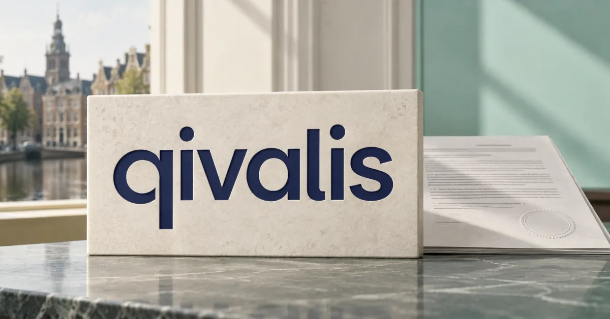 Large official navy lowercase qivalis wordmark on an off-white limestone banking-counter sign beside an unbranded greyscale settlement document with a blank embossed seal, with a mint panel and blurred Amsterdam waterfront behind.