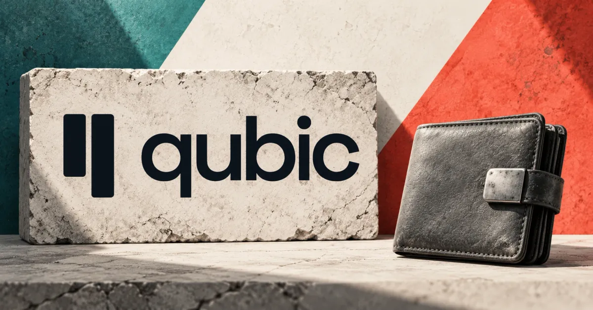 Large official dark Qubic icon and lowercase wordmark on an off-white stone sign beside a smaller unbranded greyscale leather wallet with a steel clasp, against teal and coral panels.