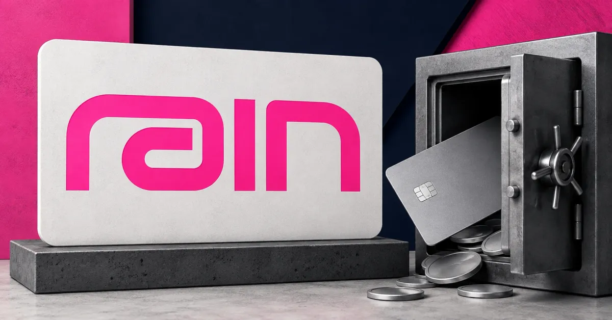Large official bright-pink Rain wordmark beside a greyscale unbranded payment card and open collateral vault on magenta, navy and off-white editorial panels.