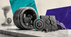Greyscale Raydium-style liquidity vault, cracked legacy smart-contract slab, Solana coin and mixer funnel on turquoise and purple editorial panels.