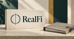 Large official dark-green RealFi circular emblem and serif RealFi wordmark on an off-white stone sign beside an unbranded greyscale loan folio with blank papers and a metal clasp, against dark-green and gold editorial panels.