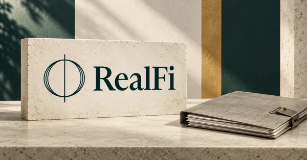 Large official dark-green RealFi circular emblem and serif RealFi wordmark on an off-white stone sign beside an unbranded greyscale loan folio with blank papers and a metal clasp, against dark-green and gold editorial panels.