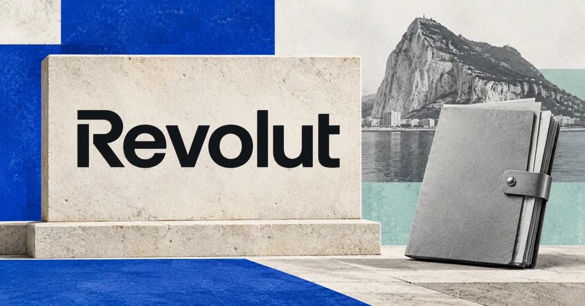 Large official black Revolut wordmark on an off-white limestone sign beside a smaller unbranded greyscale custody folder with a steel clasp, with the Rock of Gibraltar behind it and cobalt-blue and seafoam panels.