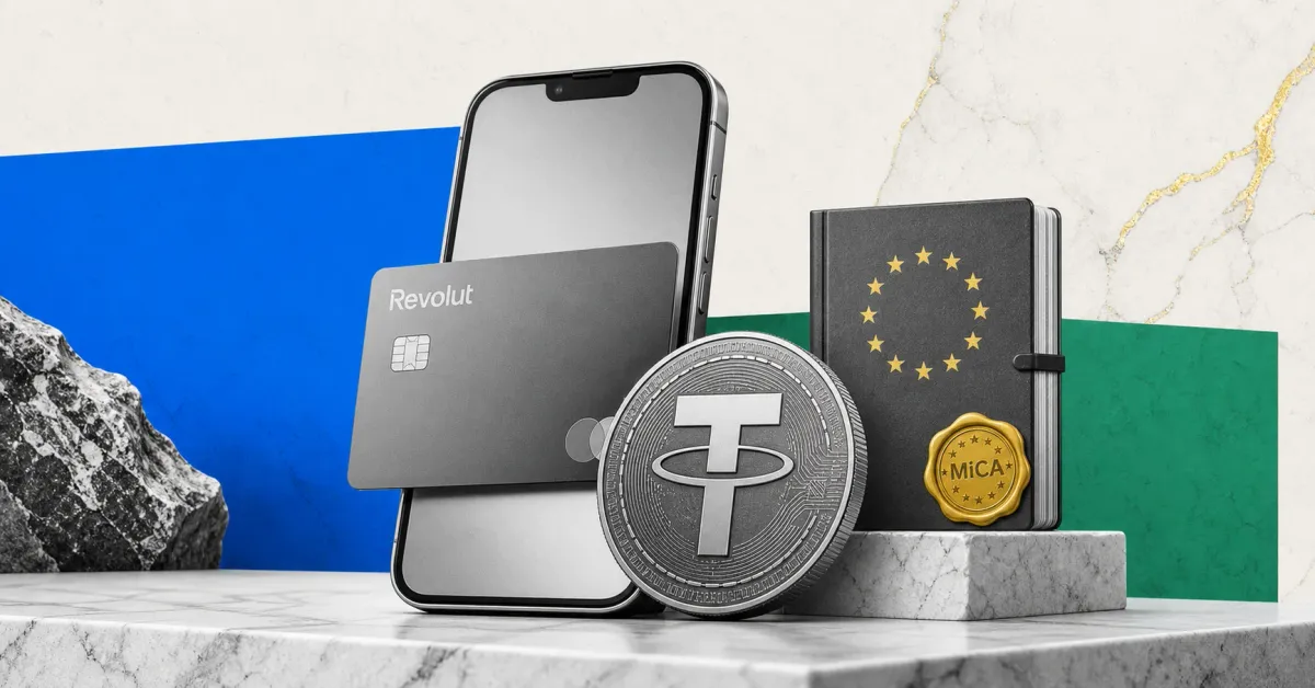 Greyscale Revolut card and mobile app beside a Tether USDT coin and EU MiCA compliance folder on blue and green editorial marble panels.