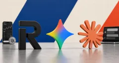 Large Revolut, Gemini and Claude logo marks on a desk, with a small Bitcoin coin, phone and laptop against blue, coral and off-white editorial news panels.