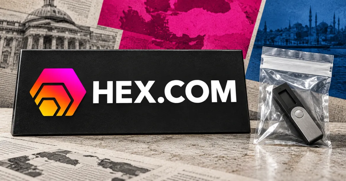 Large official HEX.COM gradient emblem and white wordmark on a charcoal desk sign beside an unbranded greyscale hardware wallet sealed in a clear evidence pouch, with magenta and blue panels and subdued Istanbul architecture.