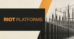 Large official gold-orange Riot Platforms wordmark on a charcoal panel beside greyscale unbranded data-center server racks and a high-voltage substation.