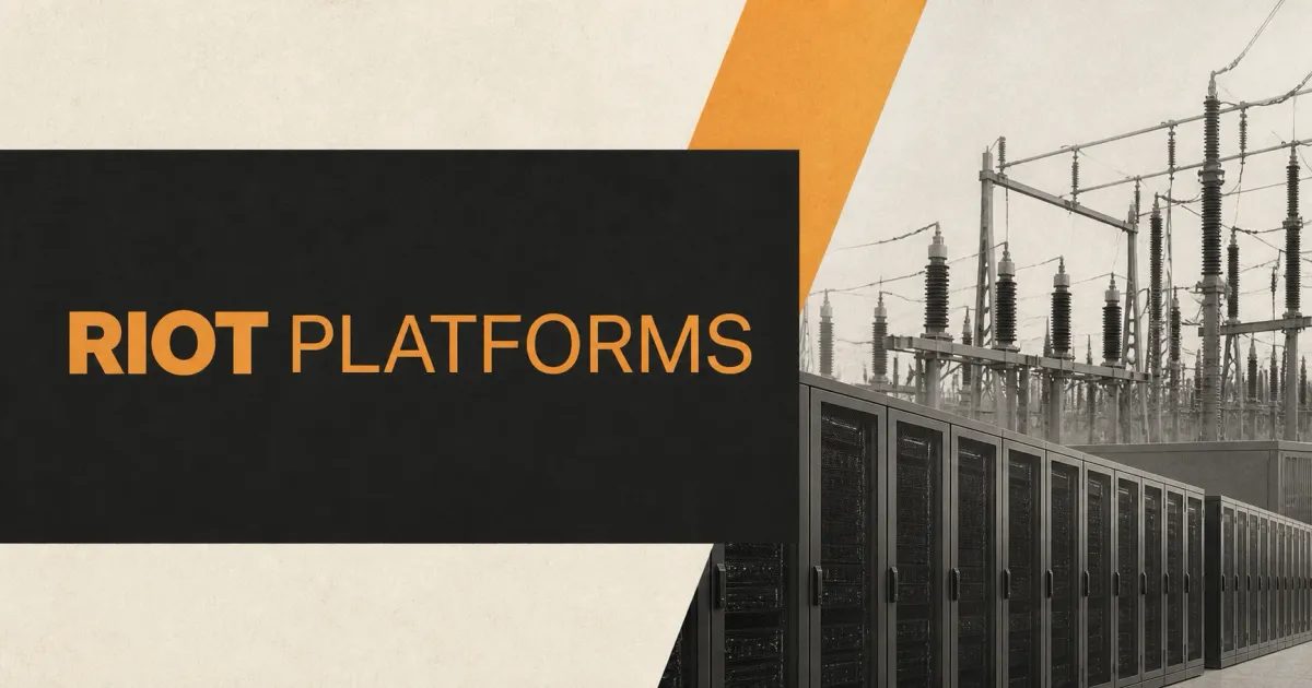 Large official gold-orange Riot Platforms wordmark on a charcoal panel beside greyscale unbranded data-center server racks and a high-voltage substation.
