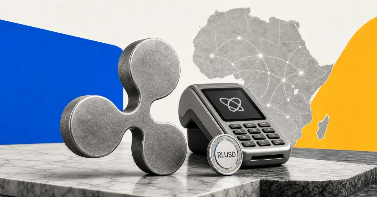 Greyscale Ripple logo, payment terminal, RLUSD token and Africa payment map on blue and yellow editorial panels representing Ripple investing in Flutterwave stablecoin payments.