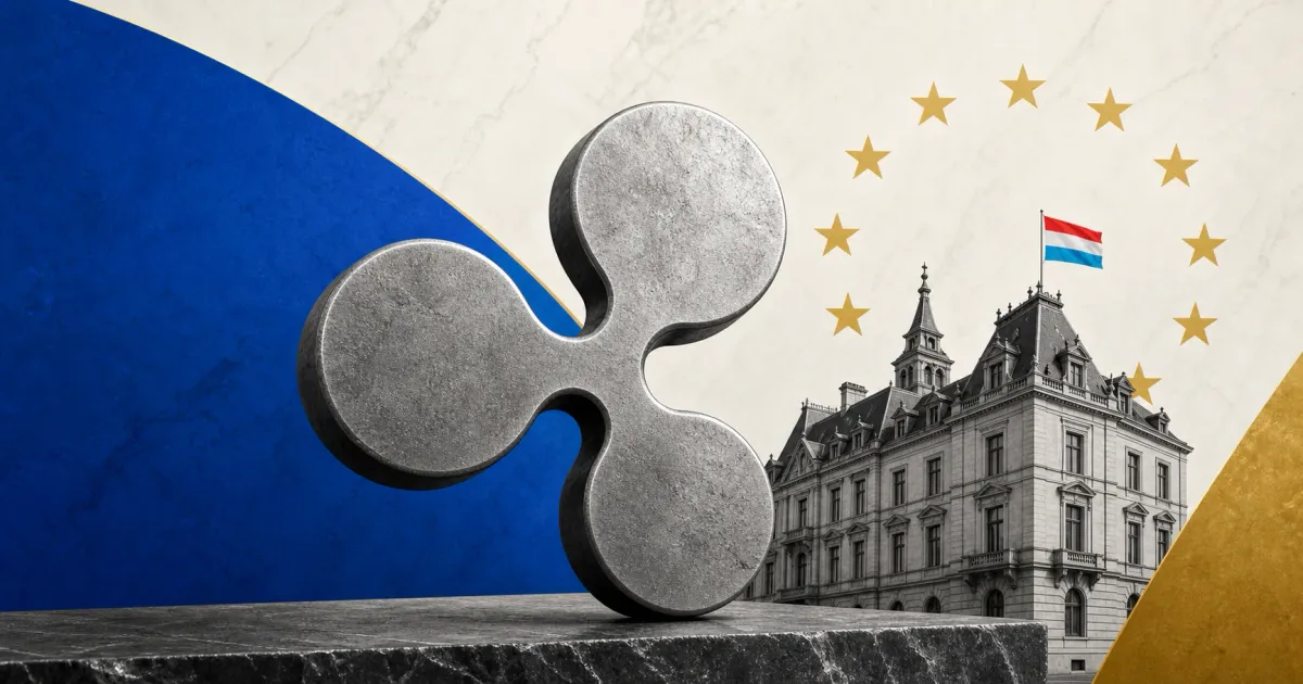 Greyscale Ripple emblem and Luxembourg regulator building on cobalt, gold and stone editorial panels.
