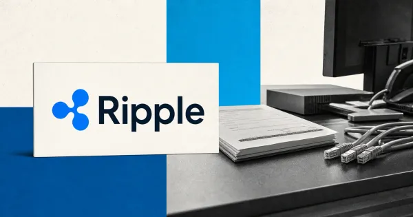 Large official Ripple logo on a blue and off-white editorial plaque beside a greyscale institutional settlement desk and transaction document.