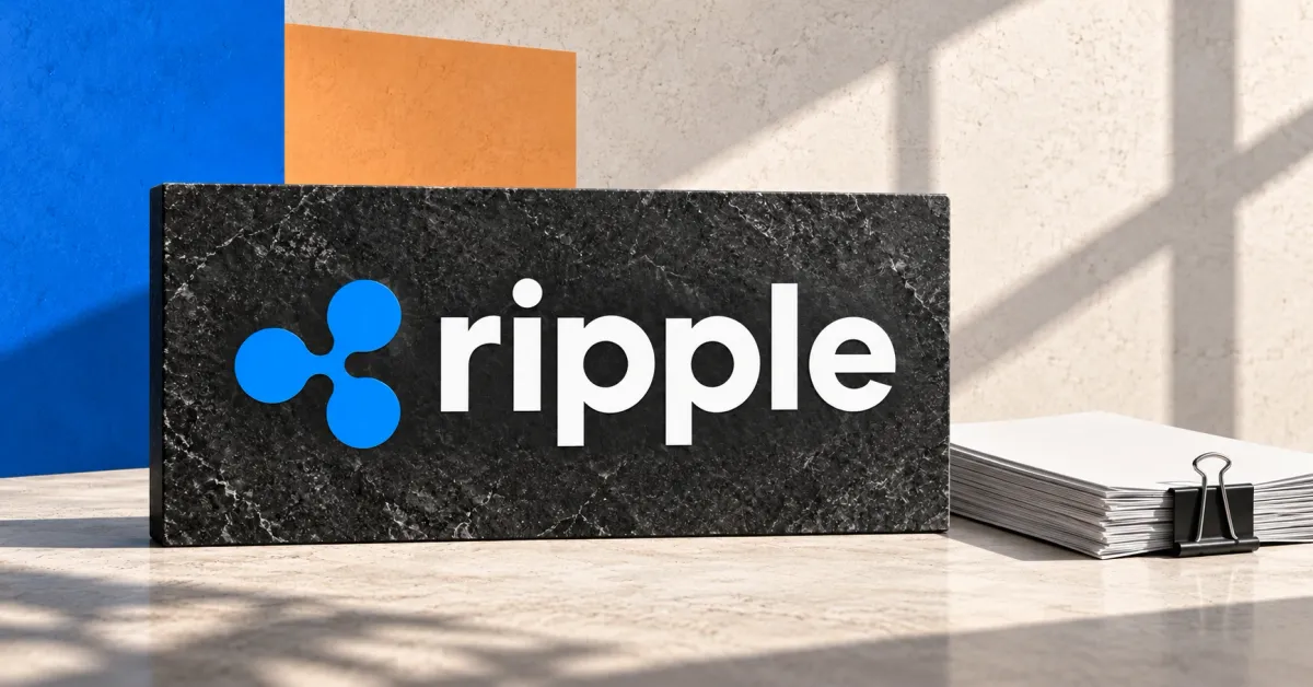Large official blue Ripple emblem and white lowercase ripple wordmark on a charcoal stone desk sign beside unbranded greyscale blank contract papers and a steel binder clip, against off-white, cobalt and apricot panels.