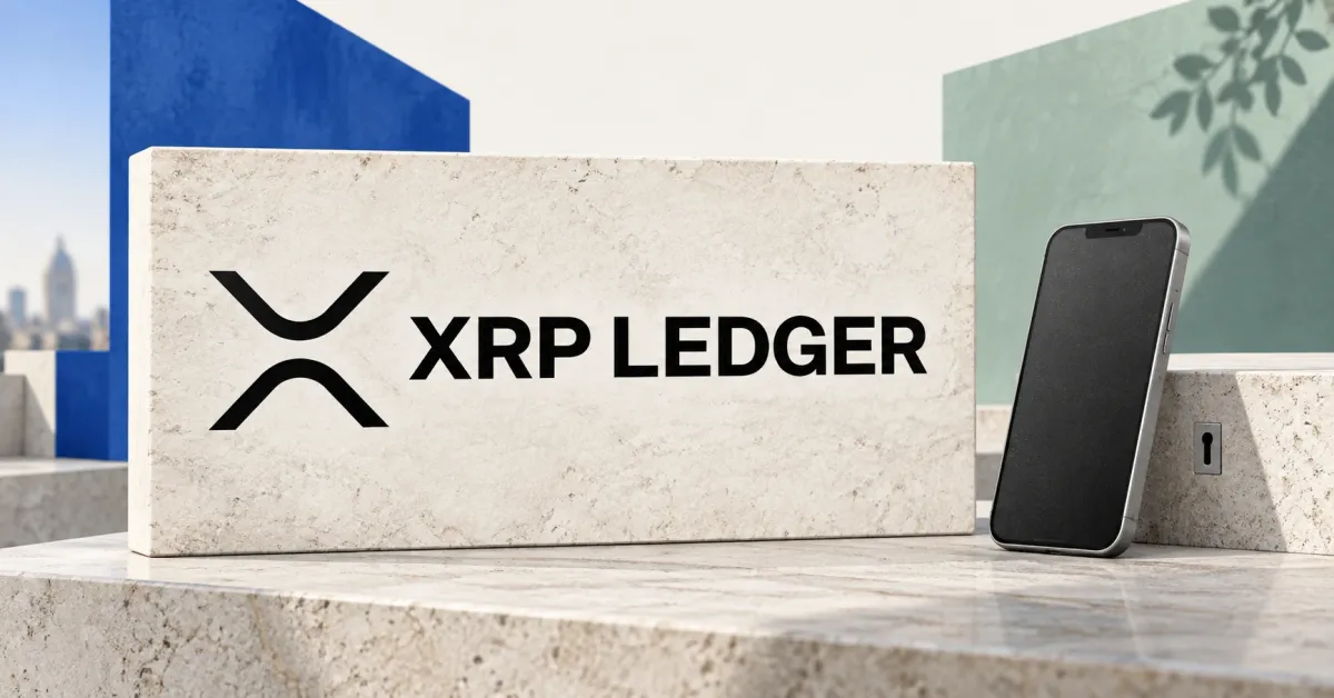 One prominent official black XRP Ledger emblem and XRP LEDGER wordmark on an off-white limestone sign beside an unbranded greyscale smartphone with a blank screen and a small keyhole in an adjacent stone block, against cobalt and sage panels. Conceptual embedded-wallet illustration.