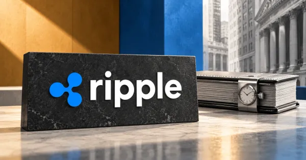 Large official blue Ripple symbol and white lowercase ripple wordmark on a charcoal stone sign beside a smaller unbranded greyscale treasury ledger with a clock clasp, against blue and ochre panels.
