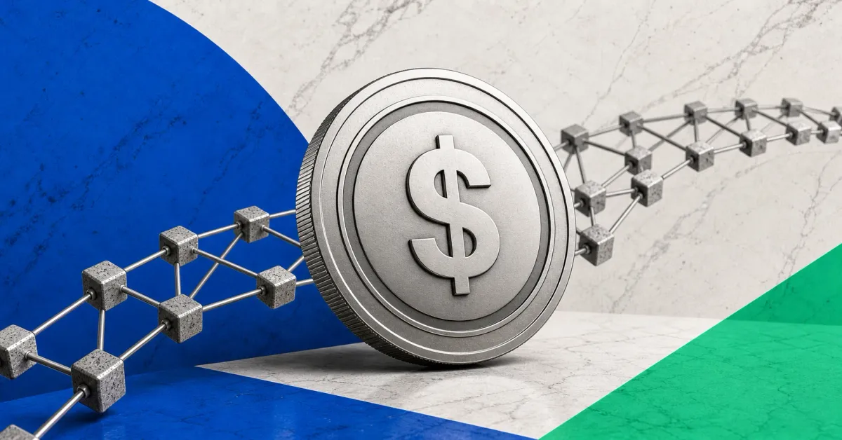 Greyscale dollar stablecoin medallion connected to blockchain nodes on blue and mint editorial panels, representing Ripple RLUSD moving across chains through Wormhole