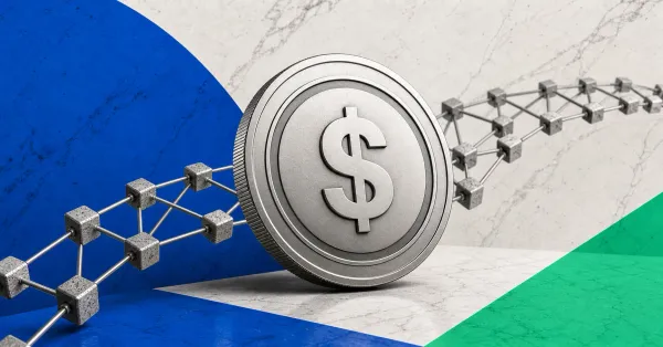 Greyscale dollar stablecoin medallion connected to blockchain nodes on blue and mint editorial panels, representing Ripple RLUSD moving across chains through Wormhole