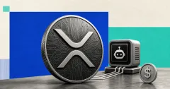 Greyscale XRP coin, AI payment terminal and dollar stablecoin on blue and mint editorial news panels