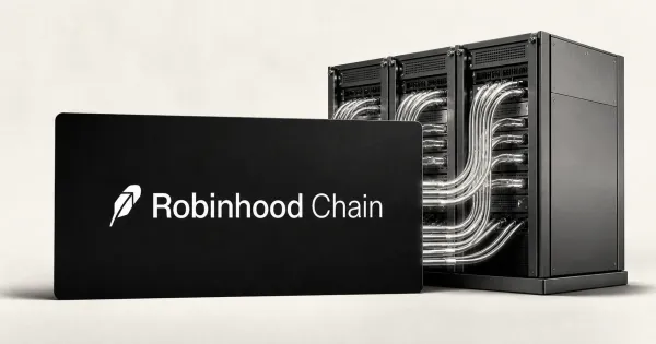 Official white Robinhood Chain feather and wordmark on a large black plaque beside unbranded greyscale server racks and transaction-routing cables.