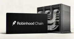 Official white Robinhood Chain feather and wordmark on a large black plaque beside unbranded greyscale server racks and transaction-routing cables.