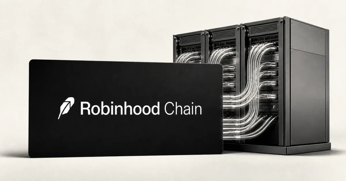 Official white Robinhood Chain feather and wordmark on a large black plaque beside unbranded greyscale server racks and transaction-routing cables.