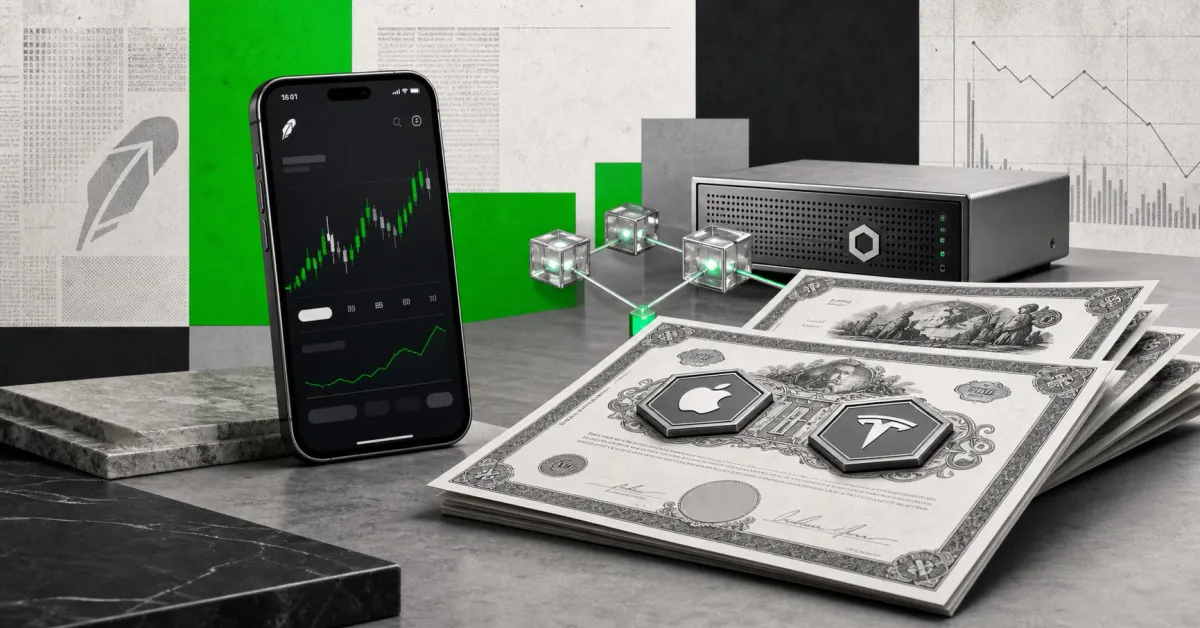 Greyscale Robinhood app interface, tokenized stock certificates and Chainlink data nodes on green, graphite and off-white editorial panels.
