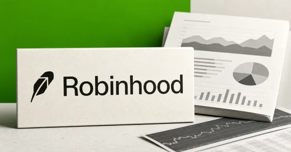 Large official Robinhood wordmark on an off-white plaque beside a greyscale quarterly-results document and market printout against a green editorial backdrop.