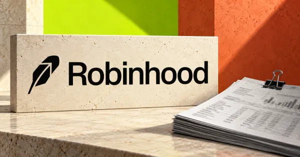 Large official black Robinhood feather and wordmark on an ivory stone sign beside an unbranded greyscale financial document stack with a binder clip, against lime green and vermilion panels.
