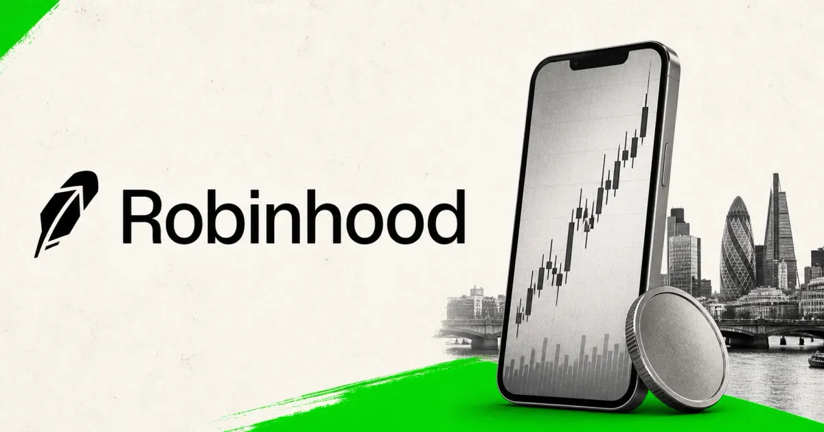 Large official Robinhood feather and wordmark beside an unbranded greyscale smartphone showing a market chart and a London skyline on off-white and vivid green editorial panels.