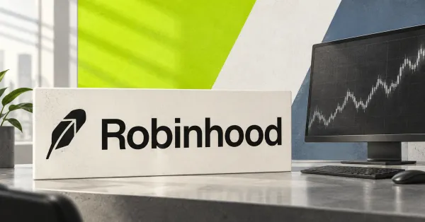 Large official black Robinhood feather and wordmark on an off-white desk sign beside an unbranded greyscale trading terminal, with lime and muted blue editorial panels.