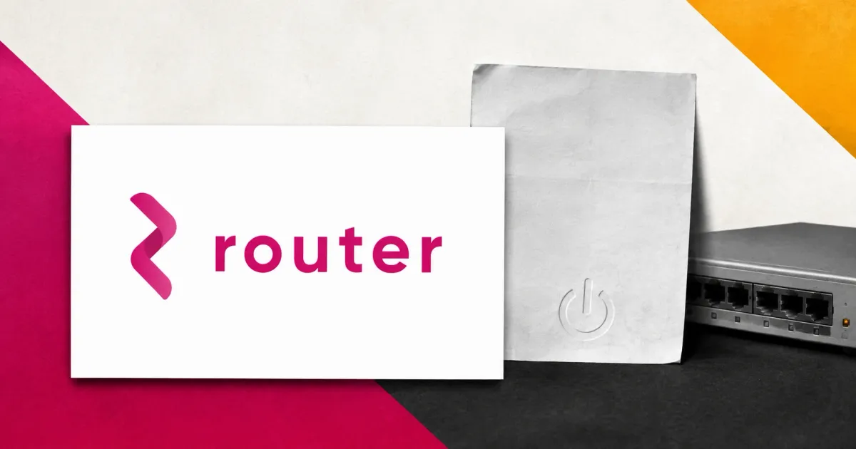 Large official Router Protocol magenta wordmark on a white card beside an unbranded greyscale wind-down notice and network switch on off-white, pink, amber and charcoal editorial panels.