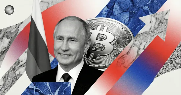 Illustration of Russian president in front of the Russian flag with a large Bitcoin coin and upward arrow, symbolizing Russia’s influence or bullish stance on Bitcoin and cryptocurrency markets
