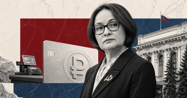 Greyscale Elvira Nabiullina, a digital ruble payment card, retail checkout terminal and Bank of Russia facade on red and steel-blue editorial panels.