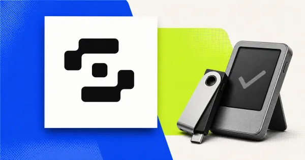 Large official black Safe logo on a white plaque beside a greyscale hardware security key and an unbranded transaction-confirmation device, against cobalt and lime editorial panels.