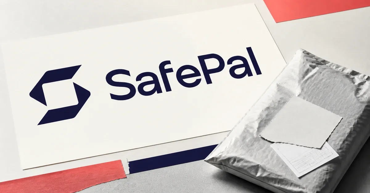 Large official navy SafePal wordmark and emblem on an off-white plaque beside a greyscale unbranded padded shipping parcel with a blank torn label.